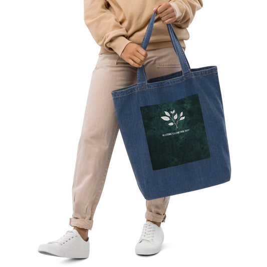 "Listening to Crime Shows" Organic denim tote bag